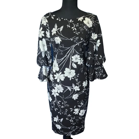 Calvin Klein Floral Sheath Dress Size 4 Black White Bell Sleeve Work Wedding NWT - Picture 2 of 9